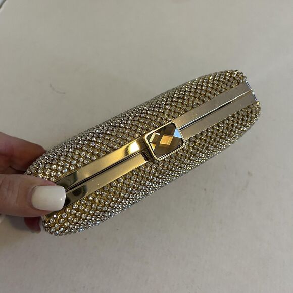 Gold Crystal Clutch Purse Womens Evening Bag Rhinestone Minaudiere Chain Strap - Picture 2 of 12